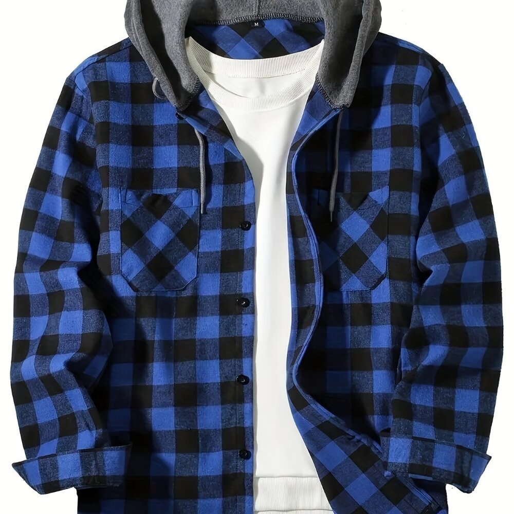 Men's Flannel Hoodie Jacket Casual Long Sleeve Button Down Plaid Shirt Size M